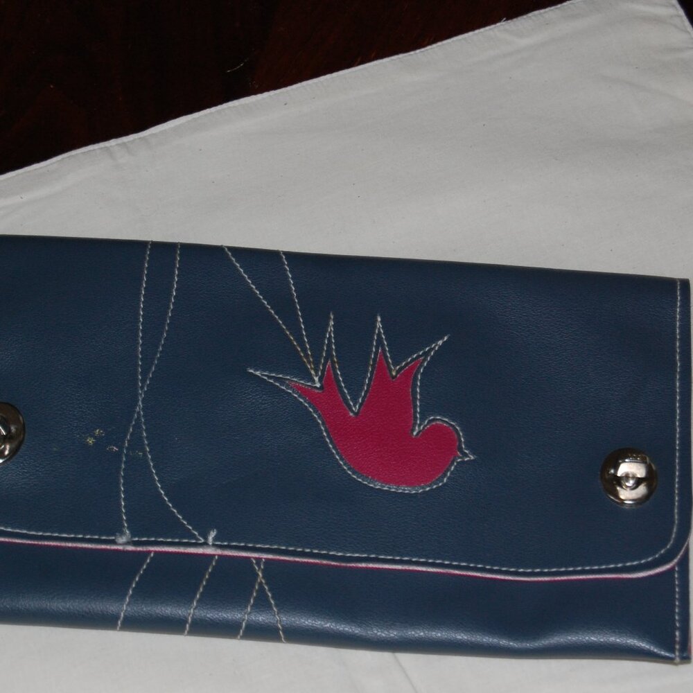Holly Aiken Wristlet Clutch Greenish Grey With Red Accent Bird Cutout